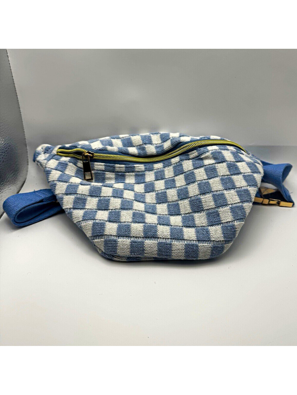 Blue White Checkered Knit Belt Bag Fanny Pack Crossbody Purse Gold Buckle